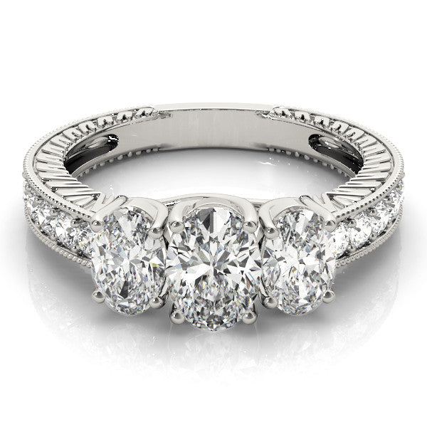 White gold Three-Stone Pear Diamond Milgrain Pave Band with Prong Setting