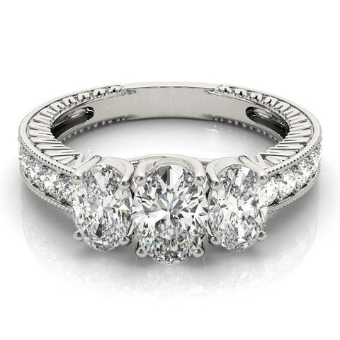 White gold Three-Stone Round Diamond Milgrain Pave Band with Prong Setting