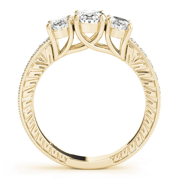 Yellow gold Three-Stone Oval Diamond Milgrain Pave Band with Prong Setting