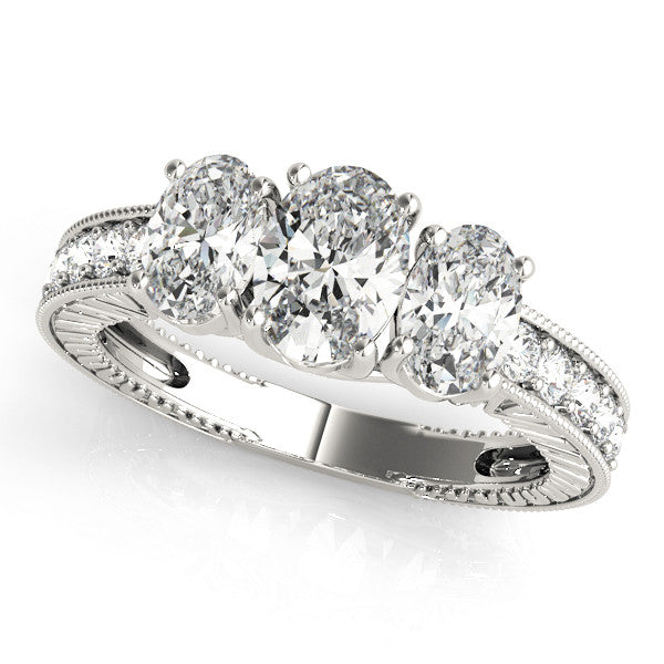 White gold Three-Stone Princess Diamond Milgrain Pave Band with Prong Setting