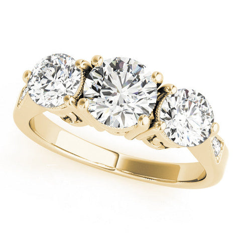 Yellow gold Three-Stone Cushion Diamond Engagement Ring with Prong Setting on a Classic Band