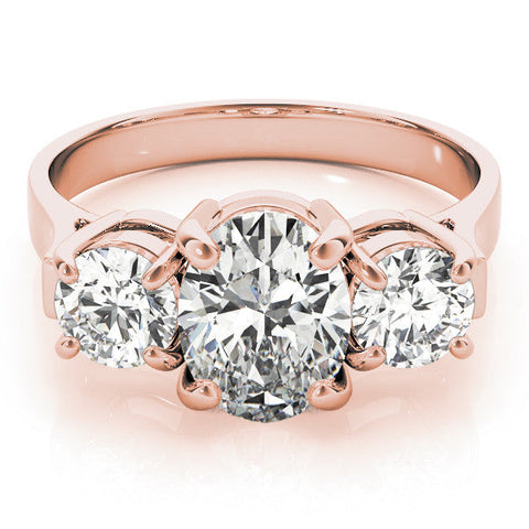 Rose gold Three-Stone Oval Cut Diamond Ring with Round Accent Stones, Prong Setting, and Classic Band
