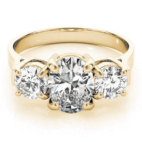 Yellow gold Three-Stone Oval Cut Diamond Ring with Round Accent Stones, Prong Setting, and Classic Band