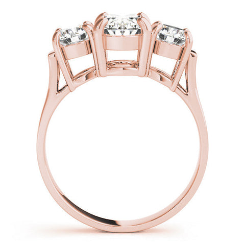 Rose gold Three-Stone Oval Cut Diamond Ring with Round Accent Stones, Prong Setting, and Classic Band