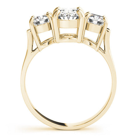 Yellow gold Three-Stone Oval Cut Diamond Ring with Round Accent Stones, Prong Setting, and Classic Band