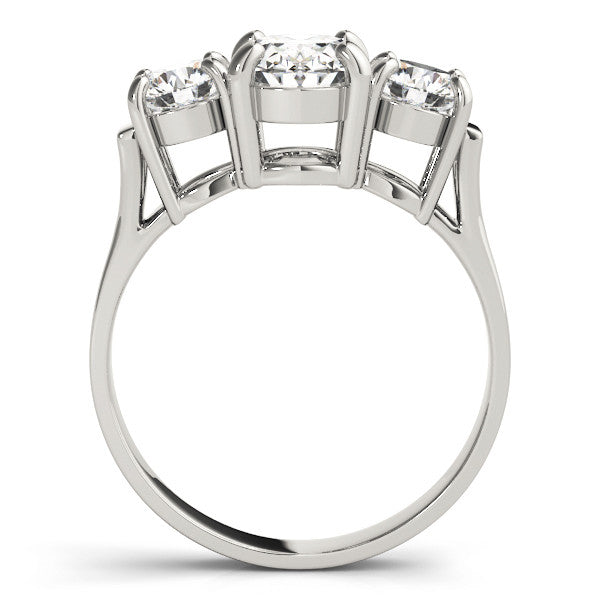 Silver Three-Stone Oval Cut Diamond Ring with Round Accent Stones, Prong Setting, and Classic Band