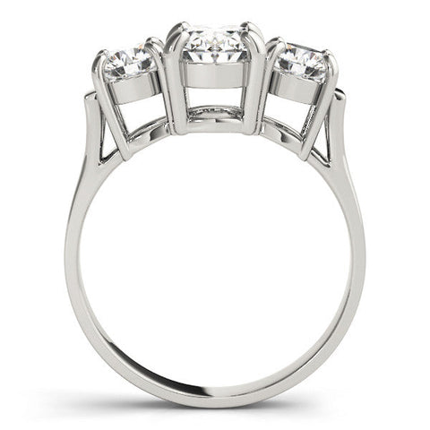 Platinum Three-Stone Oval Cut Diamond Ring with Round Accent Stones, Prong Setting, and Classic Band