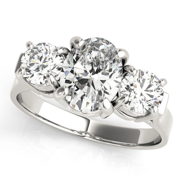 White gold Three-Stone Oval Cut Diamond Ring with Round Accent Stones, Prong Setting, and Classic Band