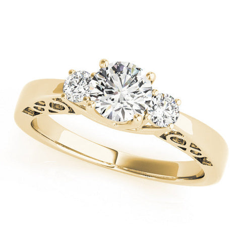 Yellow gold Three-Stone Round Cut Diamond Cathedral Engagement Ring with Prong Setting