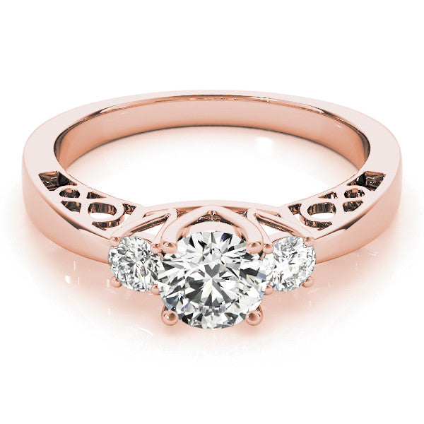 Rose gold Three-Stone Round Cut Diamond Cathedral Engagement Ring with Prong Setting