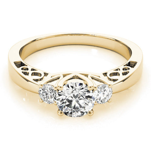 Yellow gold Three-Stone Round Cut Diamond Cathedral Engagement Ring with Prong Setting