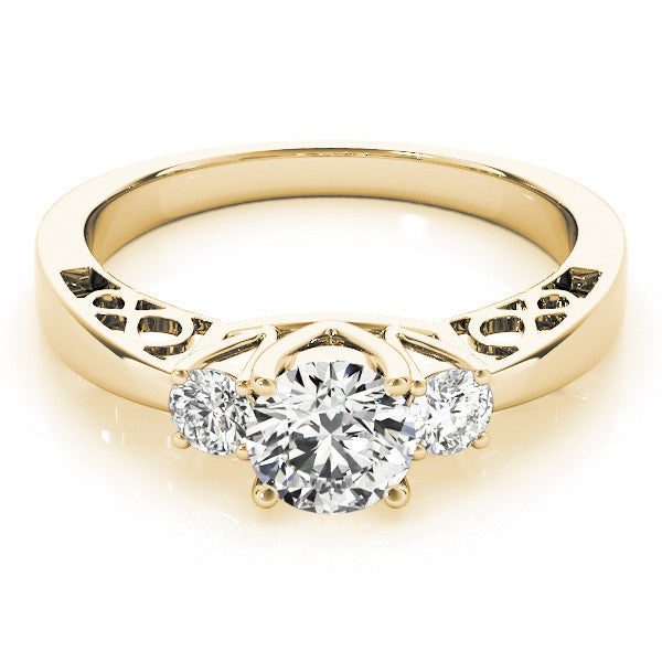 Yellow gold Three-Stone Emerald Cut Diamond Cathedral Engagement Ring with Prong Setting