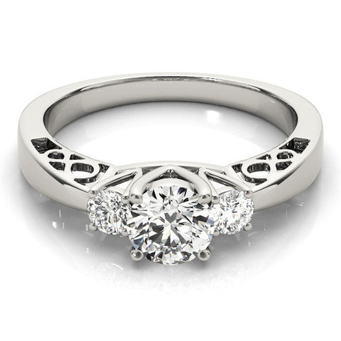 Platinum Three-Stone Round Cut Diamond Cathedral Engagement Ring with Prong Setting