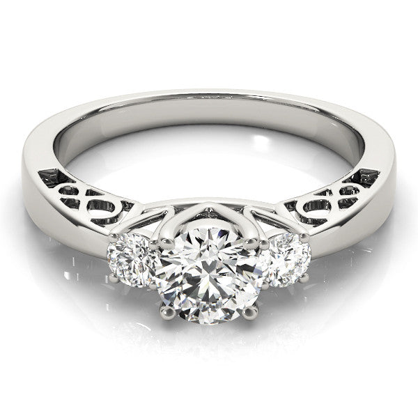 White gold Three-Stone Round Cut Diamond Cathedral Engagement Ring with Prong Setting