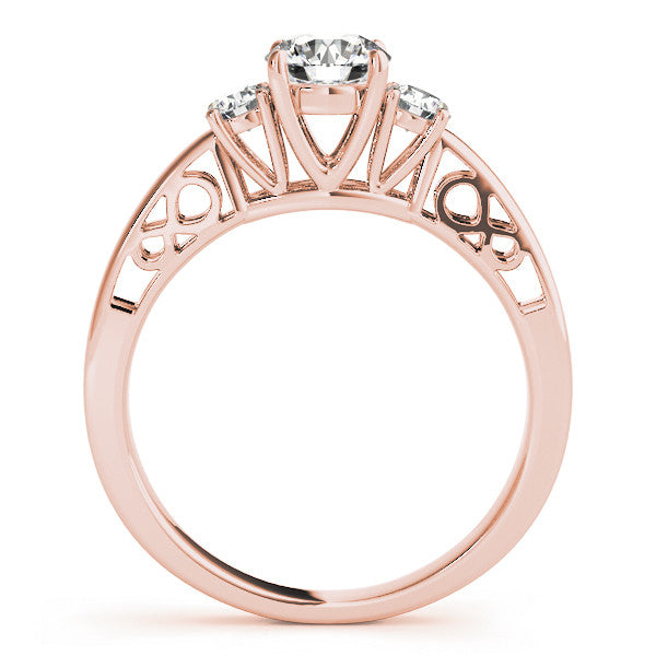 Rose gold Three-Stone Round Cut Diamond Cathedral Engagement Ring with Prong Setting