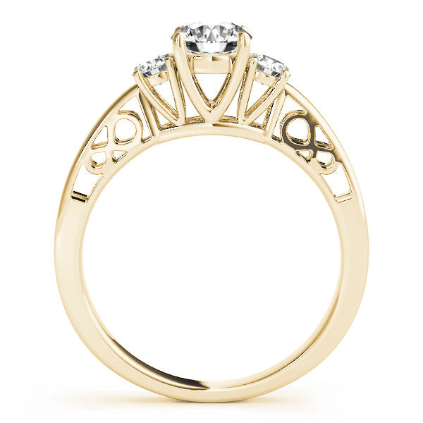 Yellow gold Three-Stone Round Cut Diamond Cathedral Engagement Ring with Prong Setting
