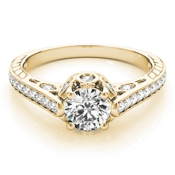 Yellow gold Round Cut Cathedral Pave Diamond Engagement Ring with Six-Prong Setting