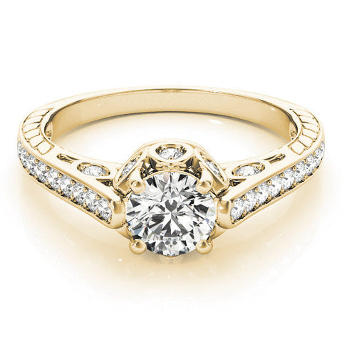 Yellow gold Round Cut Cathedral Pave Diamond Engagement Ring with Six-Prong Setting