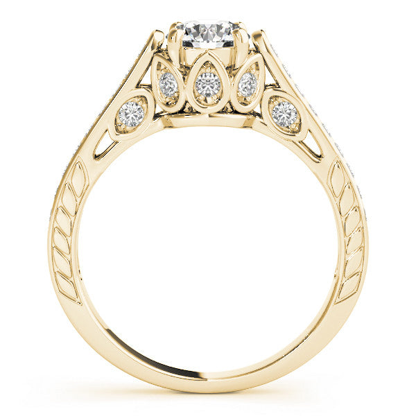 Yellow gold Round Cut Cathedral Pave Diamond Engagement Ring with Six-Prong Setting