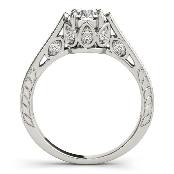 Silver Round Cut Cathedral Pave Diamond Engagement Ring with Six-Prong Setting