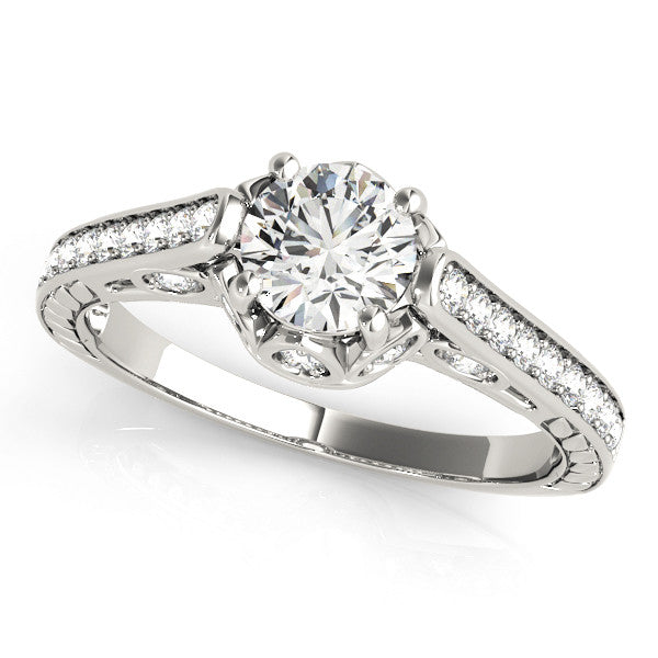 White gold Round Cut Cathedral Pave Diamond Engagement Ring with Six-Prong Setting