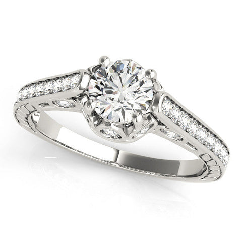 White gold Round Cut Cathedral Pave Diamond Engagement Ring with Six-Prong Setting