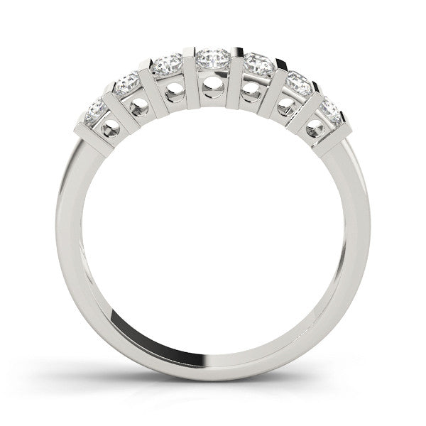 Platinum Channel Set Round Diamond Step Band with Bar Prong Setting