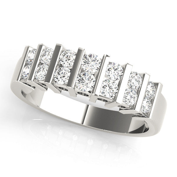 White gold Channel Set Round Diamond Step Band with Bar Prong Setting