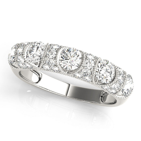 Silver Round Cut Milgrain Diamond Half Eternity Band with Pave Setting
