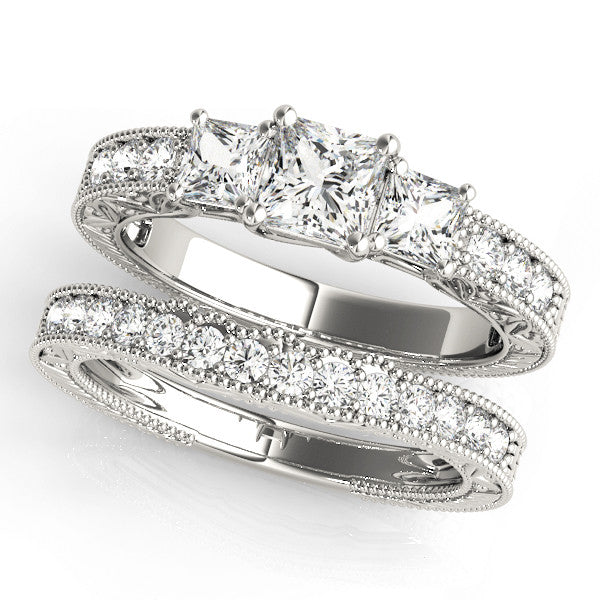 Platinum Three-Stone Princess Cut Milgrain Pavé Engagement Ring