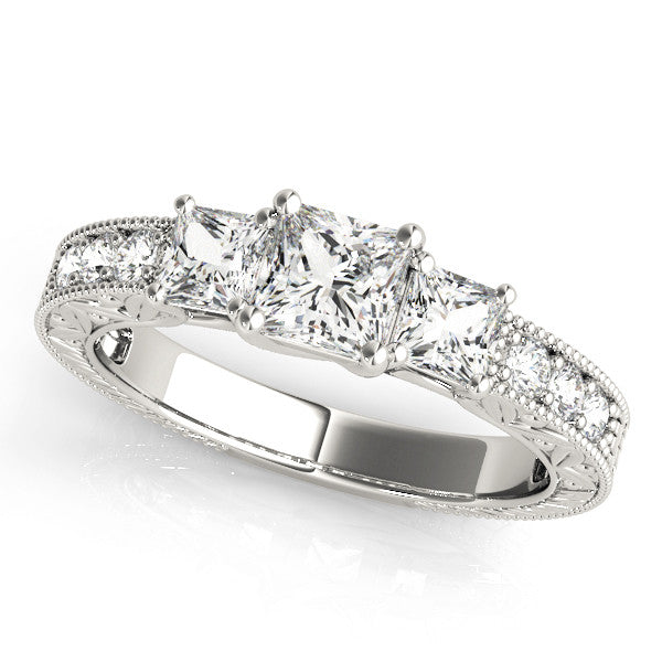 Platinum Three-Stone Princess Cut Milgrain Pavé Engagement Ring