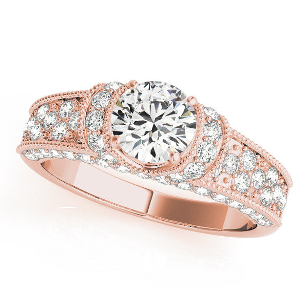 Rose gold Round Halo Pave Diamond Engagement Ring with Milgrain Detailing