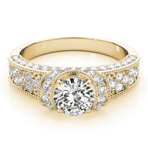 Yellow gold Round Halo Pave Diamond Engagement Ring with Milgrain Detailing
