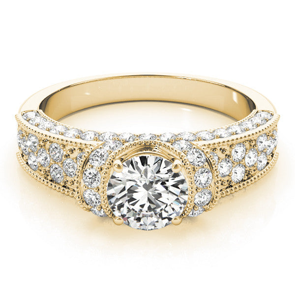 Yellow gold Round Halo Pave Diamond Engagement Ring with Milgrain Detailing