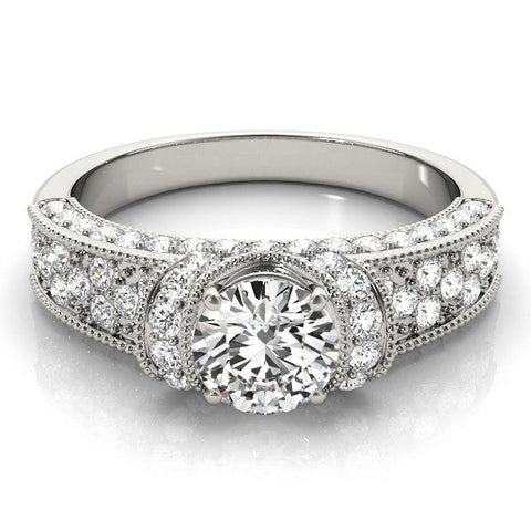 White gold Round Halo Pave Diamond Engagement Ring with Milgrain Detailing