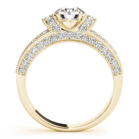 Yellow gold Round Halo Pave Diamond Engagement Ring with Milgrain Detailing