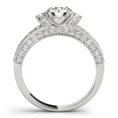 Silver Round Halo Pave Diamond Engagement Ring with Milgrain Detailing