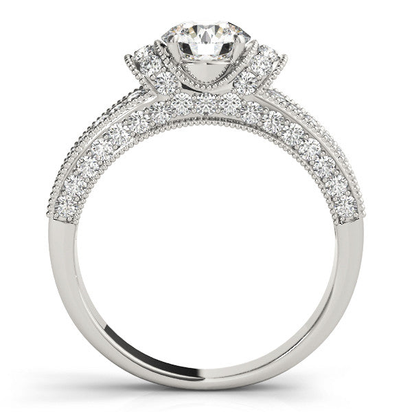 Platinum Round Halo Pave Diamond Engagement Ring with Milgrain Detailing