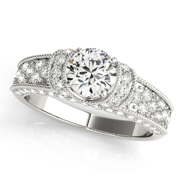 Silver Round Halo Pave Diamond Engagement Ring with Milgrain Detailing