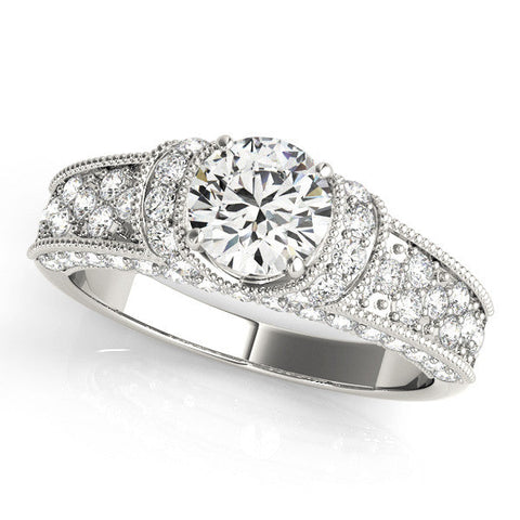White gold Round Halo Pave Diamond Engagement Ring with Milgrain Detailing