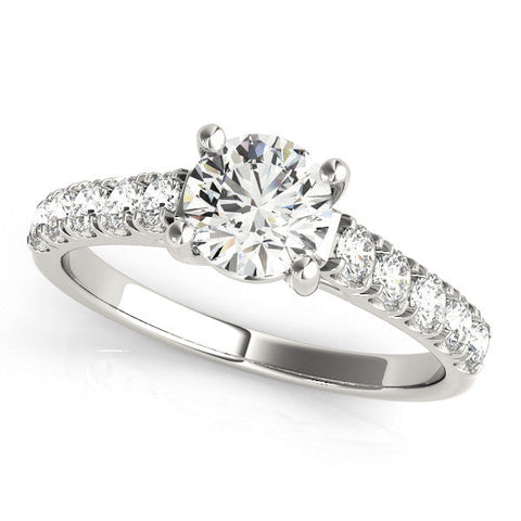 Platinum Round Cut Diamond Pavé Band Solitaire with Four-Prong Setting