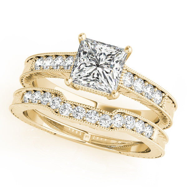 Yellow gold Princess Cut Milgrain Channel Set Engagement Ring with Solitaire Prong Setting
