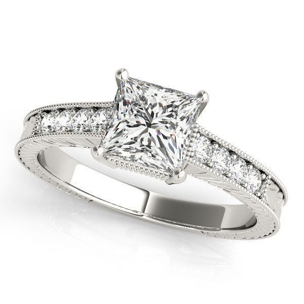Platinum Princess Cut Milgrain Channel Set Engagement Ring with Solitaire Prong Setting