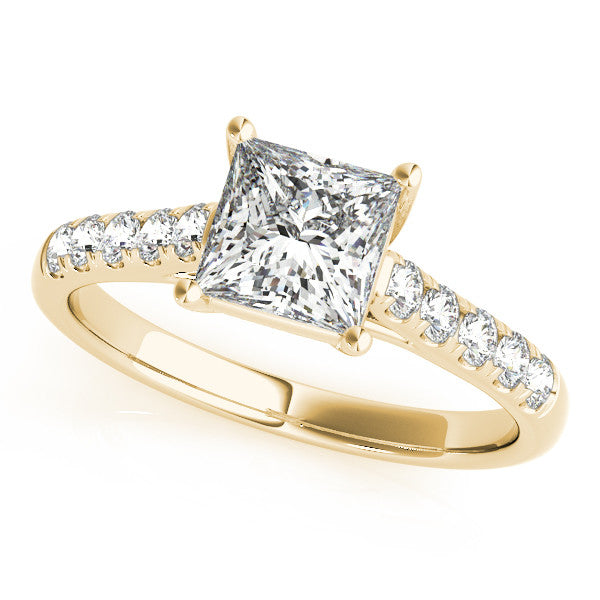 Yellow gold Pear Cut Pavé Band Solitaire Ring with Four-Prong Setting