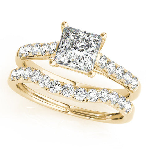 Yellow gold Pear Cut Pavé Band Solitaire Ring with Four-Prong Setting