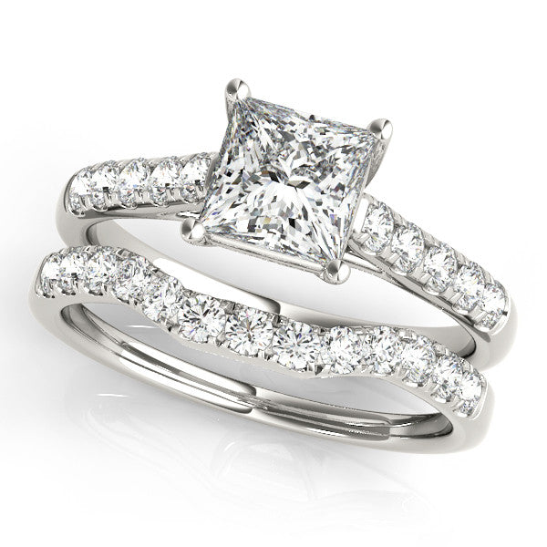Silver Heart Cut Pavé Band Solitaire Ring with Four-Prong Setting