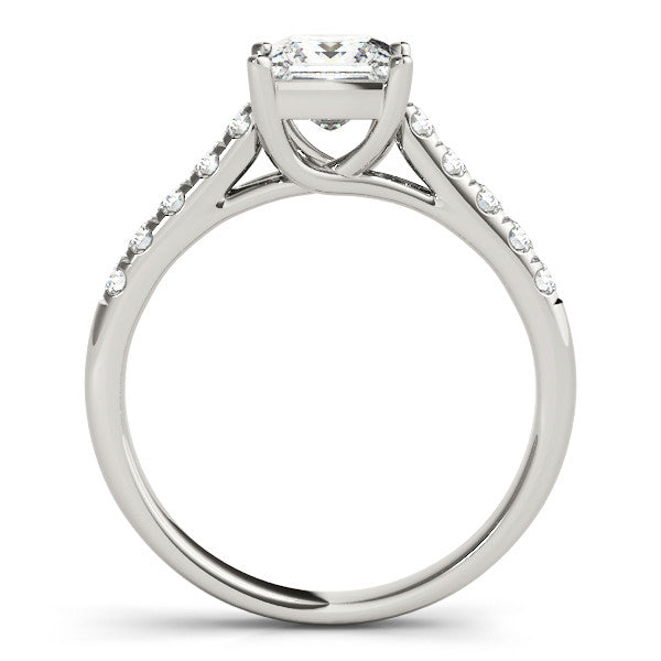 White gold Emerald Cut Pavé Band Solitaire Ring with Four-Prong Setting