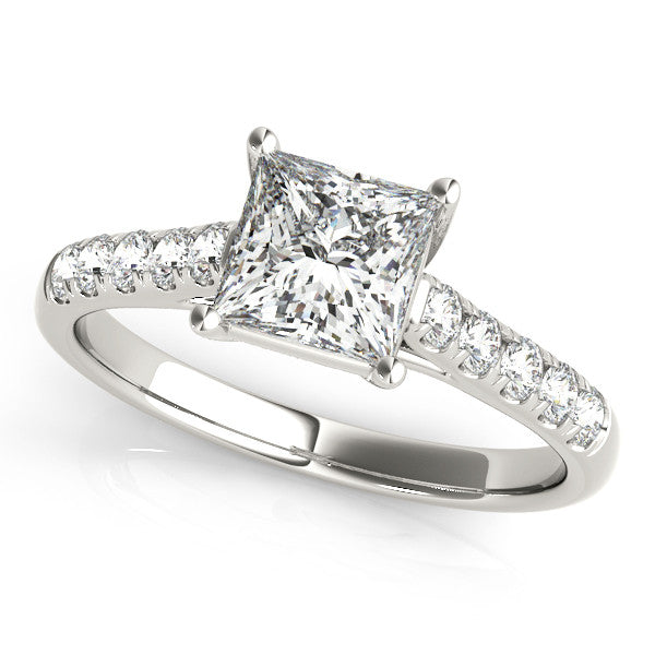 Platinum Princess Cut Pavé Band Solitaire Ring with Four-Prong Setting