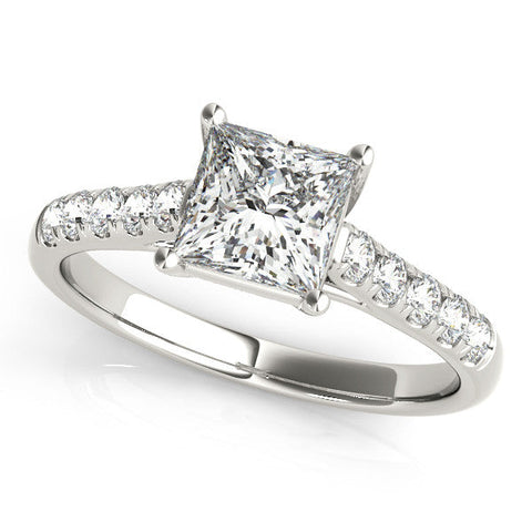 Silver Princess Cut Pavé Band Solitaire Ring with Four-Prong Setting