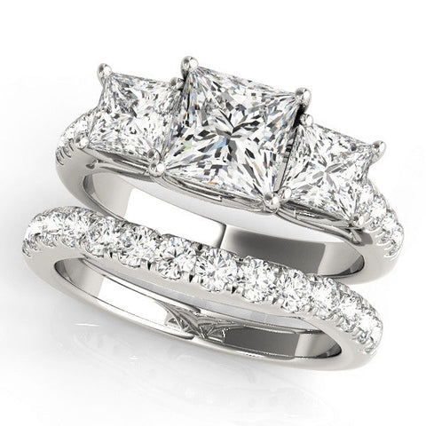Silver Three-Stone Princess Cut Diamond Ring with Pavé Band and Prong Setting